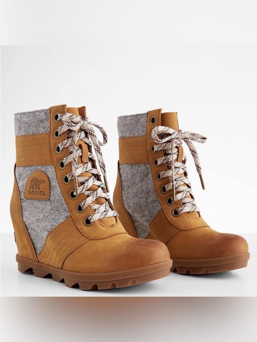 Sorel Women's Tan and Gray Lace-Up Wedge Ankle Boots